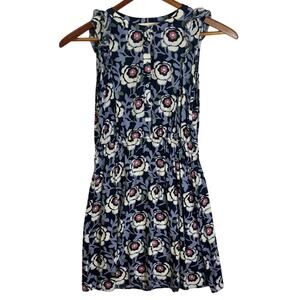 Ann Taylor Loft Tie Waist Navy Floral Dress Sleeveless Ruffle Size Small S